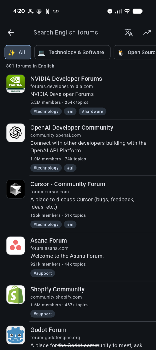 Explore screen with search, categories and language filter