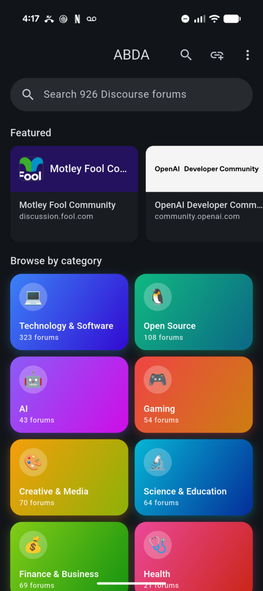 ABDA home screen with featured forums and categories
